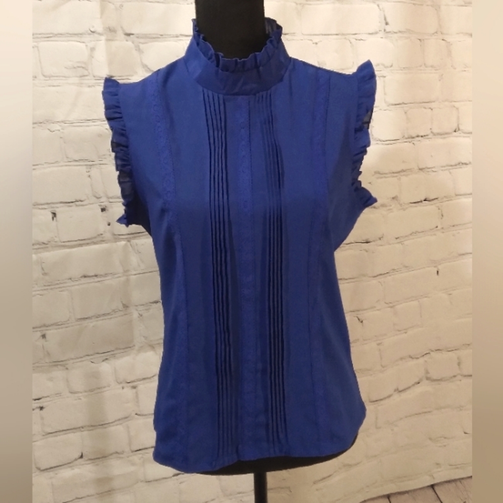 FlutterSleeve MockNeck Pleated Lace Trim DressBlouse Royal Blue
